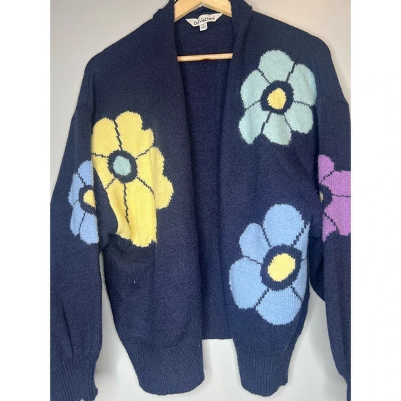Davi & Dani Womens SMALL Cardigan Open Front Batwing Sleeve Knit blue flowers - Picture 6 of 9
